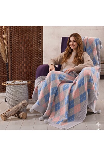 DOUX HOME بطانية تريكو محبوكة من باكلافا مع 10 بوم بوم مقاس 130 × 170 سم
