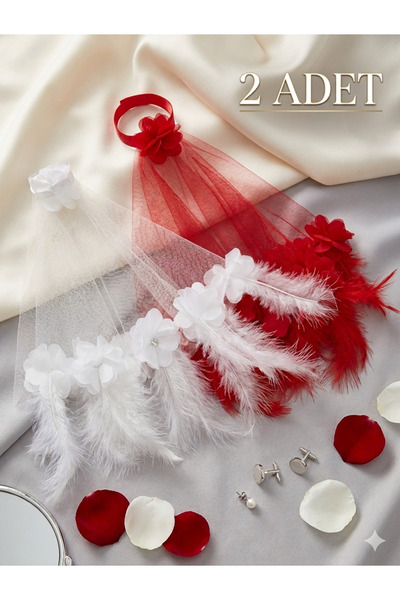 Esram Butik 2 Adet Gelin Damat Kırmızı Beyaz Halay Mendili, Tüylü ve Çiçek Sü...
