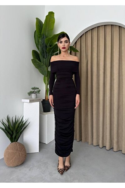 Caddebostan Moda Women's Spanish Sleeve Draped Flexible Body-Hugging Long Eve...