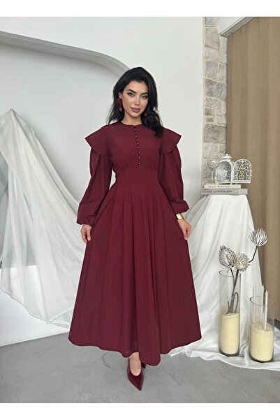Caddebostan Moda Button Detailed Draped Look Long Sleeve Midi Dress