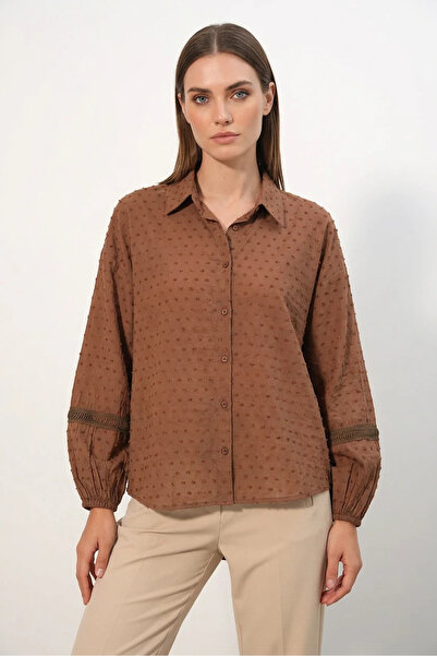Efnaz style Women's Oversize Scallop Patterned Tan Shirt
