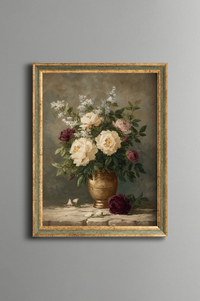 epiqart Peony and White Flower Bouquet - Vintage Patterned Frame - Slim Model