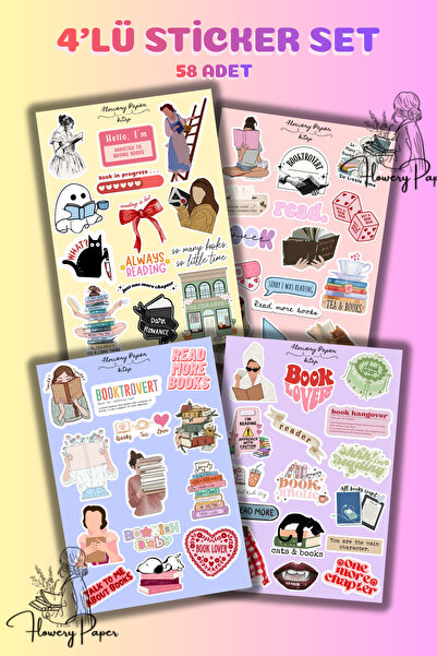 Flowery Paper 4'lü Kitap temalı Sticker sayfası , Defter,ajanda ,journal,scra...