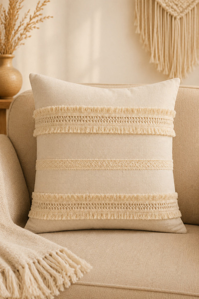 Morlay Natural Linen Tassel Throw Pillow Cover Bohemian Rustic Vintage Living...