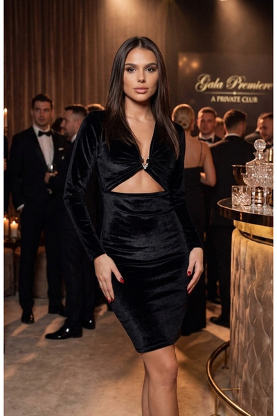 ILG Rochie mini elegantă din catifea neagră - Rochie de cocktail cu mânecă lungă și decupaje
