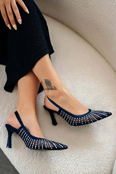 Parponi Breda Stoned Heeled Satin Evening Dress Shoes Navy Blue