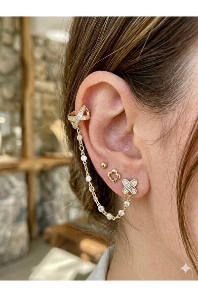 Çağla Accessories Zircon Stone Gold Steel Earring Set - Multiple Earring Comb...