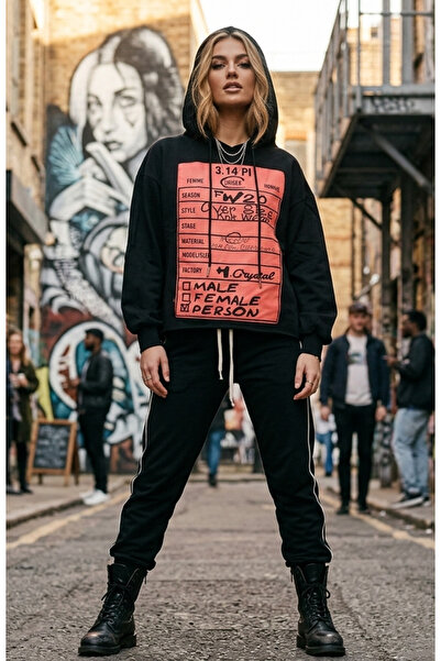ILG Oversized Graphic Hoodie - Black Streetwear Hooded Sweatshirt with Front ...