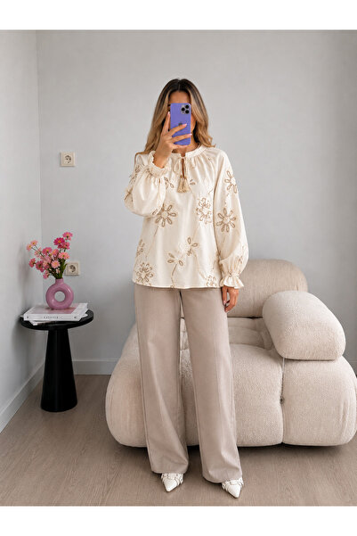 Ekim Store Bluză din in crem cu broderie florală