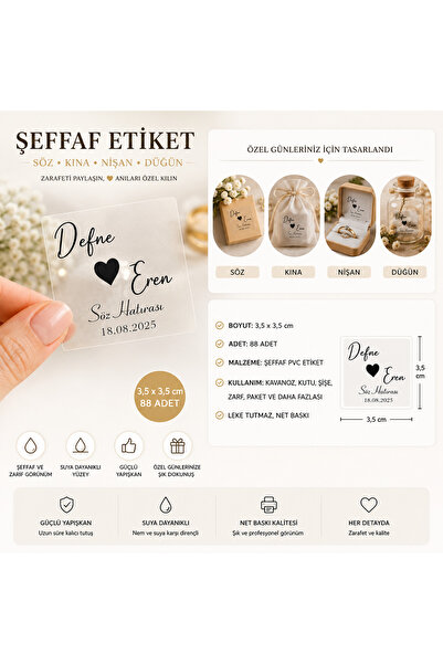 ESK Kişiye Özel Şeffaf Etiket | 3,5x3,5 Cm 88 Adet | Söz, Kına, Nişan, Düğün,...