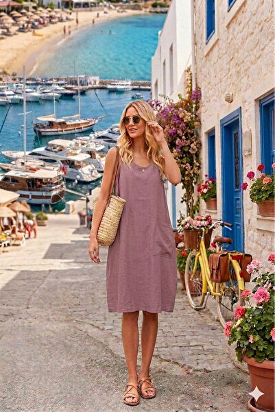 Hale Shop %100 Keten Kumaş Cep Detaylı Balon Elbise