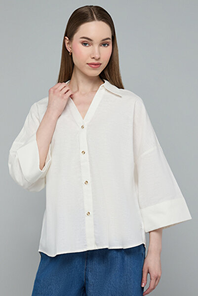 R&B Solid Shirt with Spread Collar and 3/4 Sleeves
