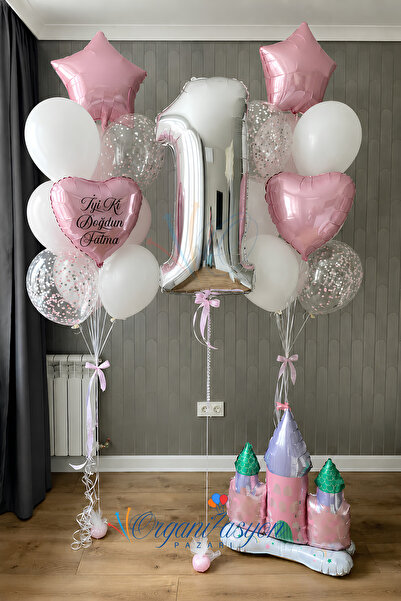 Organizasyon Pazarı Kişiye Özel Baskılı Balon Buketi | Gümüş Rakam 1 Balon Se...