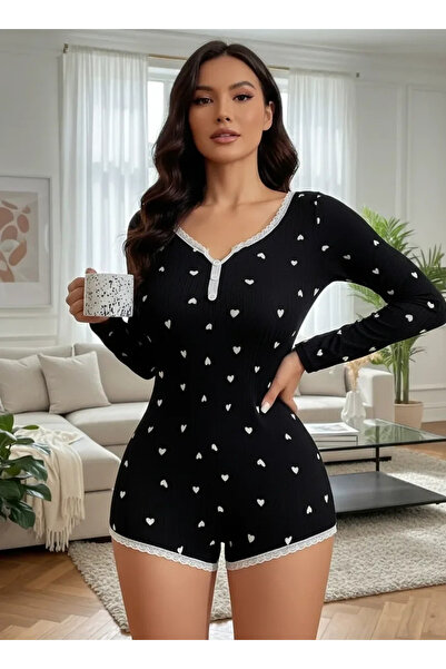 Beruflic Women's Black Heart Patterned Pajama Jumpsuit Soft Comfortable Home ...