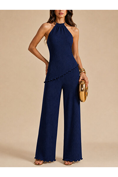 poswicon Navy Blue Halter Neck Asymmetrical Hem Wide Leg Bottom and Top Set
