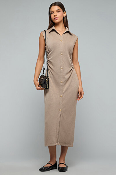 R&B Textured Sleeveless Shirt Dress
