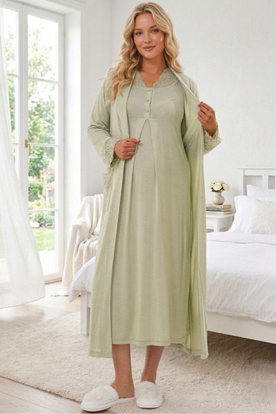 Lohusa Homewear طقم ملابس نوم للحوامل بأكمام طويلة وتصميم خاص مع ياقة شال خضر...