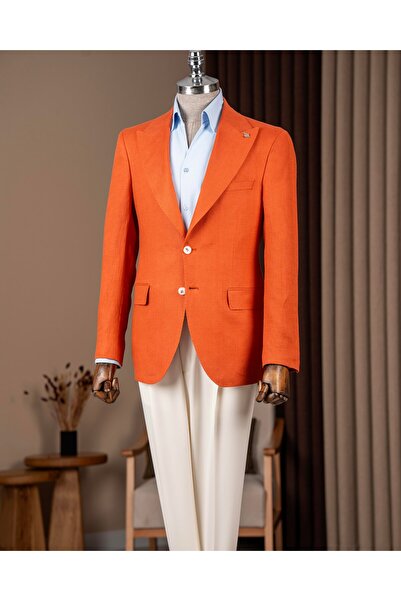 TerziAdemAltun Slim Fit Men's Pointed Collar Linen Single Jacket Orange T2015...