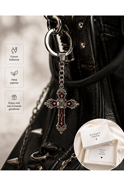 HER ŞEY NOTA www.herseynota.com Red Gothic Cross Keychain – Vintage Unisex Ba...