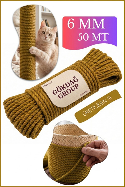 GÖKDAĞ GROUP Renkli Kedi Tırmalama Halatı Jüt İp 6 MM 50 Metre Zeytin