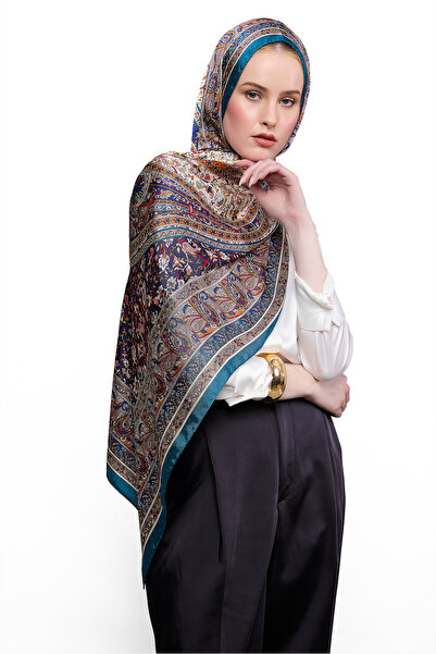 ŞALLOVES SHINA Parlak Paisley Desenli Baskılı Şal – Petrol & Lacivert & Krem