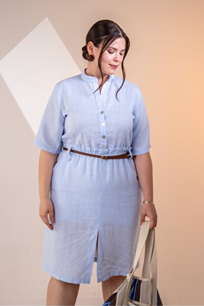 Roxxlen Women's Plus Size Buttoned Belt Detailed Dress