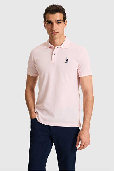 U.S. Polo Assn. تي شيرت رجالي ذو قصة ضيقة وياقة بولو باللون الوردي الفاتح 503...