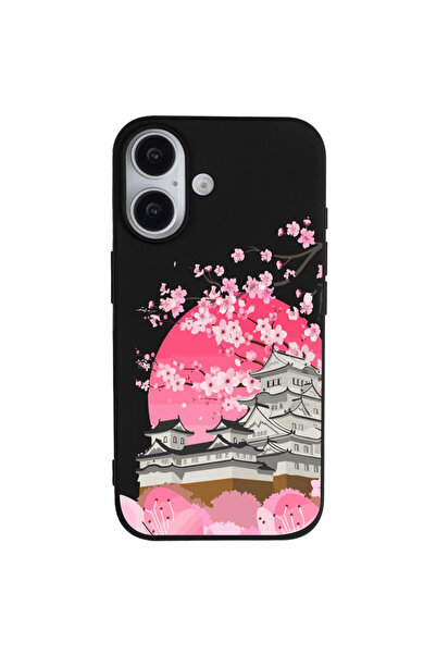 Casen iPhone 16 Siyah Lansman Sakura Renkli Silikon Kılıfı