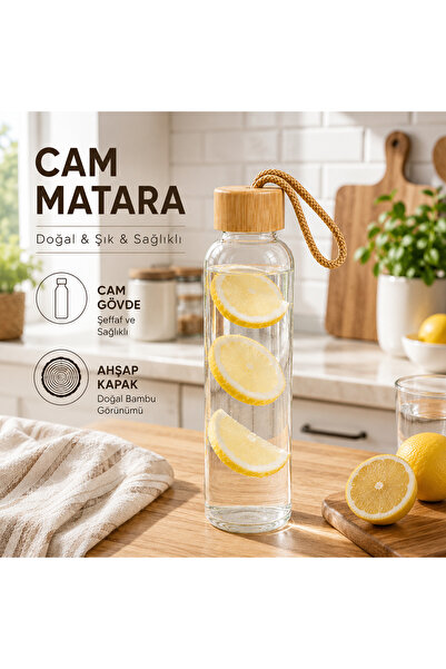 wishhome Ahşap Kapaklı Cam Matara İpli Taşıma Askılı Şeffaf Cam Su Şişesi
