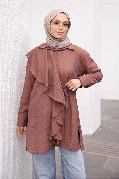İmajButik Brown Shirt with Ruffle Detail on the Front