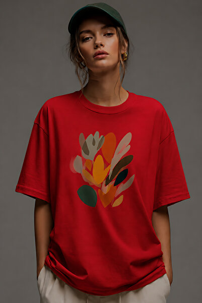 ArtYus Abstract Leaf Pattern Printed Unisex Oversize T-Shirt – Cotton Crew Ne...