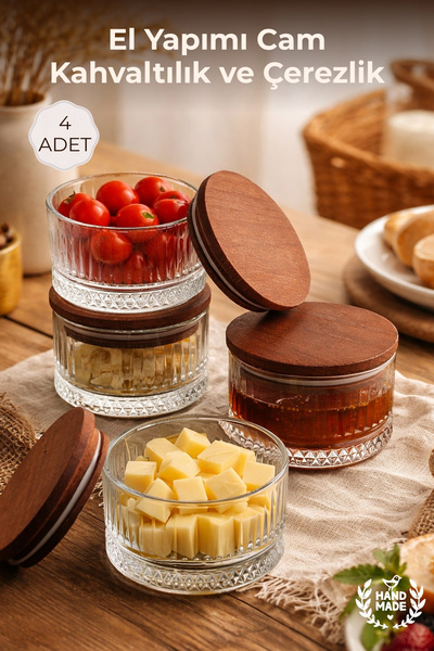 Nandy Home El Yapımı Cam, 4'lü Set Yuvarlak, Kahvaltılık ve Çerezlik