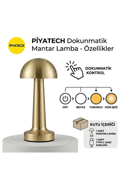 PİYATECH Şarjlı Mantar Lamba Dokunmatik 3 Renk Modlu Kablosuz Gece Lambası Ma...