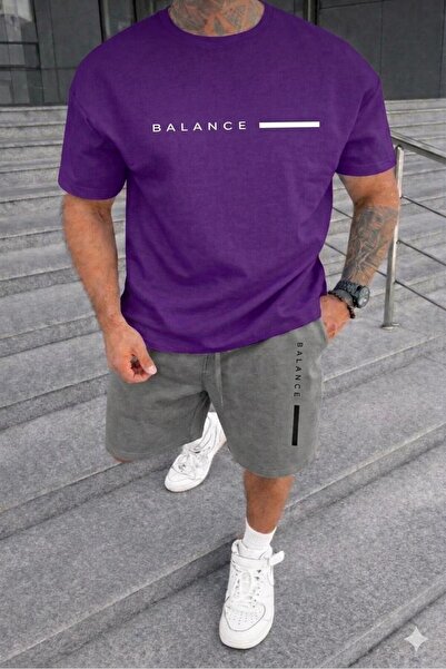 NO 601 Men's Purple Balance Printed T-Shirt and Gray Shorts Set