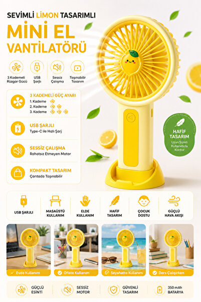 Cure Limon Tasarımlı Mini El Vantilatörü USB Şarjlı 3 Kademeli Sessiz Taşınab...