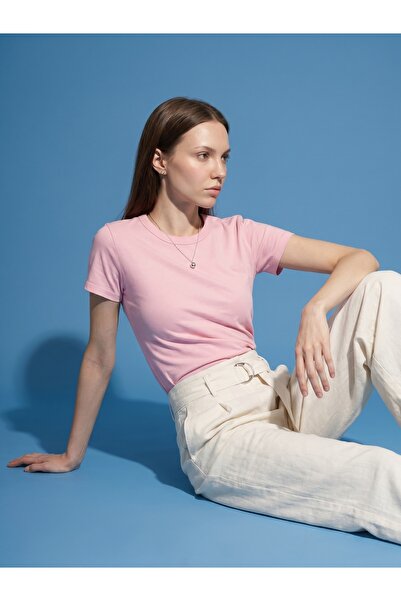 Dilvin 32779 Crew Neck T-Shirt-Powder Pink