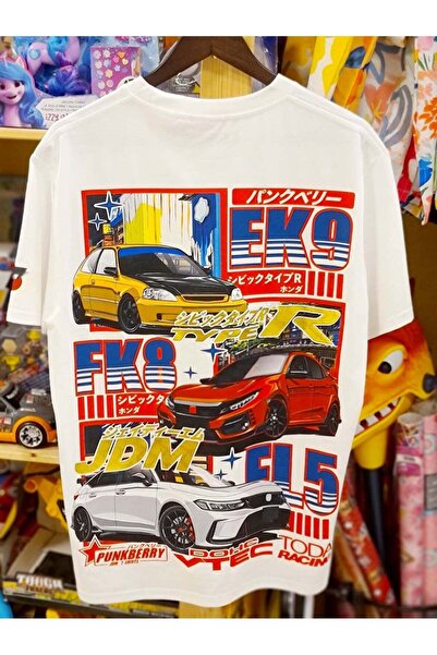 Generic تي شيرت Car Type R EK9 FL5 JDM، أبيض، بتصميم سباقات يابانية، رسومات V...