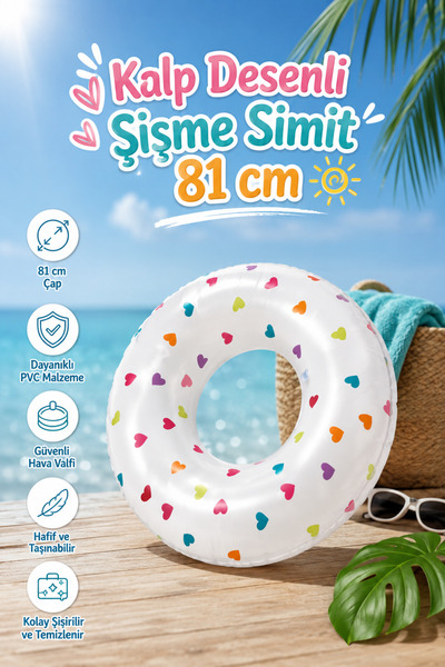 craftivio 81 cm Desenli Şişme Deniz ve Havuz Simidi - Gökkuşağı, Çiçek, Kalp ...