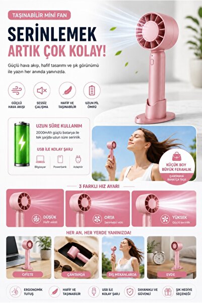 Fitzherbert Taşınabilir Mini El Fanı USB Şarjlı Sessiz Güçlü Soğutucu El Vant...