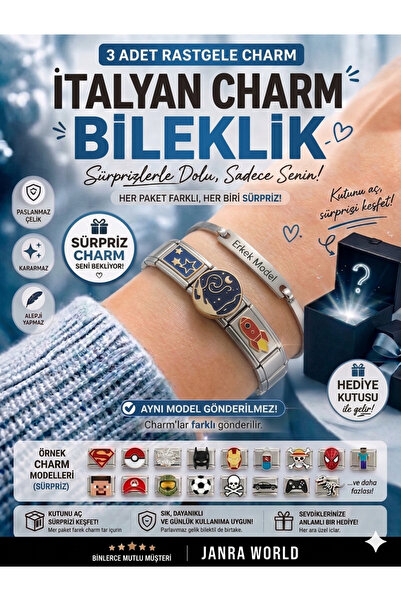 JANRA WORLD 3 Adet Rastgele Charm + İtalyan Charm Bileklik Seti | Sürpriz Hed...