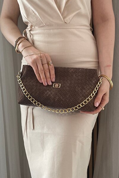 Fibag Women's Brown Suede Clutch Bag - Hand and Shoulder Bag with Chain Strap...