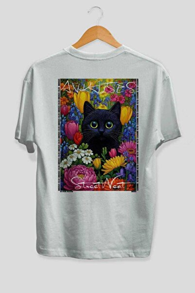 Ankhises For the Love of Cats 51 Cat Printed White Oversize T-Shirt 100% Cott...