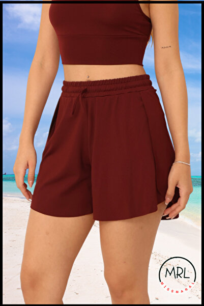 missmaral Kadın Bordo / Burgundy Şort Formunda Bikini Altı Cepli Lastikli Bağcıklı ve Yan Yırtmaçlı