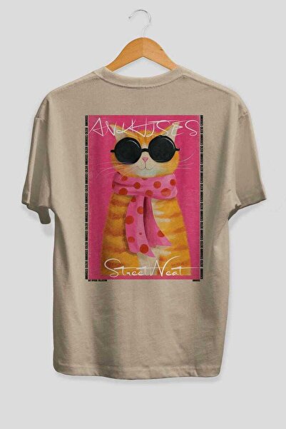 Ankhises For the Love of Cats 118 Cat Printed Beige Oversize T-Shirt 100% Cot...