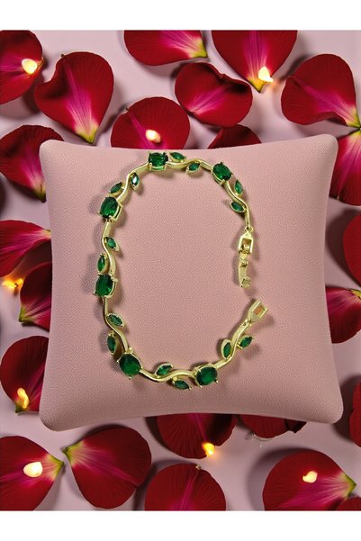 ahsenaksesuar2025 Gold Color Green Zircon Stone Ivy Leaf Design Steel Bracele...