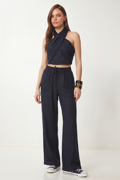 Lovelyİstanbul Σετ Λινό Halter Top και Παντελόνι LBY0059 ΣΚΟΥΡΟ ΜΠΛΕ