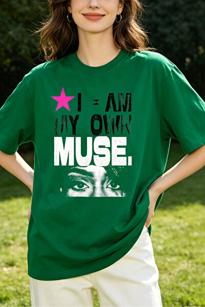 Fleck تي شيرت نسائي بطباعة جرافيكية 'I Am My Own Muse' بتصميم فضفاض وعصري بال...