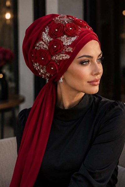Aişe tesettür Red Sequin Detailed Scarf Bonnet