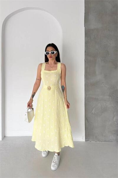 Neşeli Butik Γυναικείο καλοκαιρινό φόρεμα με κίτρινο λουλουδάτο κέντημα, λεπτ...