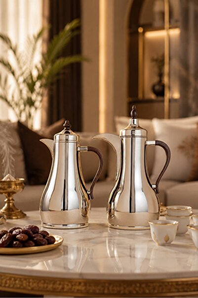 Generic طقم ترامس الفضي بمقابض خشب الجوز الفاخرة بسعة (1 لتر + 1 لتر).